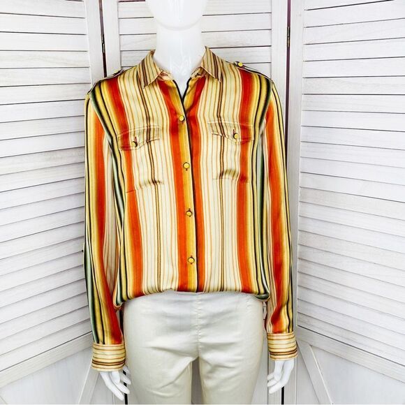 Jones New York Signature Satin Retro Multi Stripe Blouse Cream Multi Medium - Picture 1 of 13